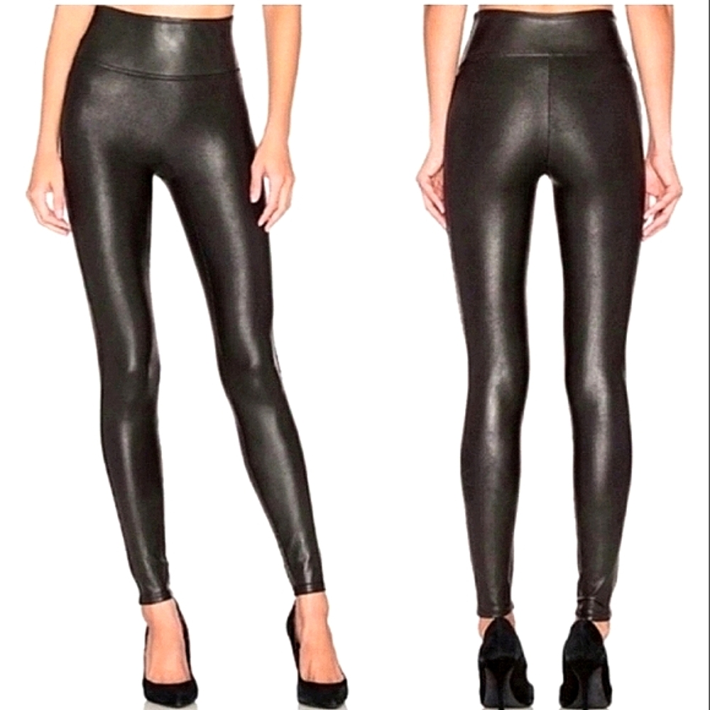 SPANX Black Faux Leather Leggings Size Medium Petite Tummy Control